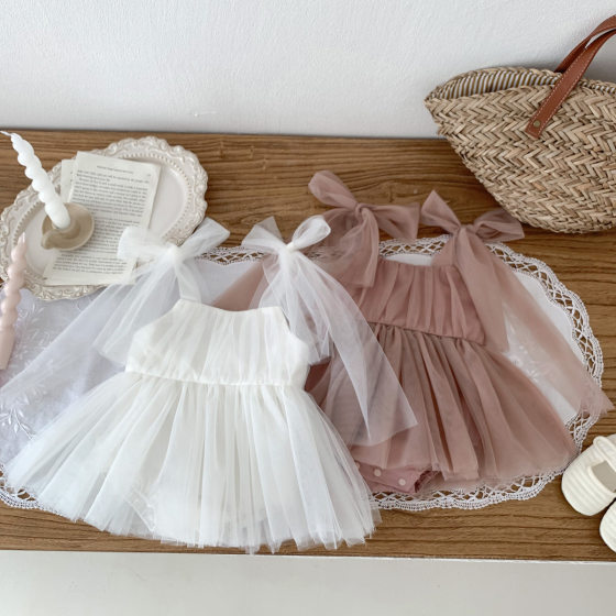 ins2024 summer baby girl sleeveless bag fart ha clothes baby mesh princess skirt newborn 100 days photo dress