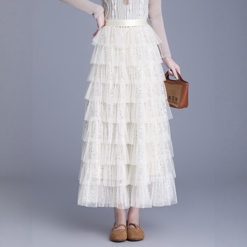 Heavy Sequined Mesh Skirt for Women, Elastic Waist, Slimming, Sparkling Cake Skirt, Mid-Length A-Line, Large Hem, Puffy Skirt