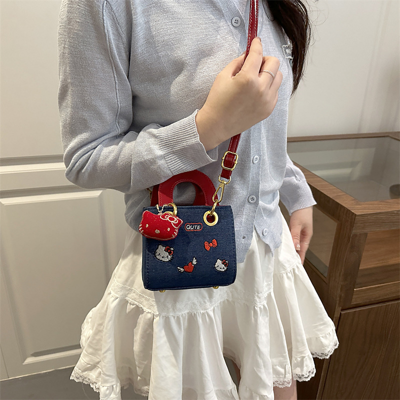 Children's Bag with Cartoon Cute Cat Embroidery, Small Square Handbag, Mini Stylish Niche Versatile Light Luxury Crossbody Bag for Girls