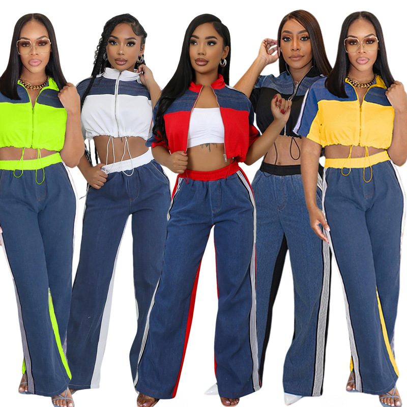 M3074 European and American Cross-border Women's Clothing Amazon Denim Spliced Color Vertical Collar Zipper Top Wide Leg Pants Two-piece Set for Women