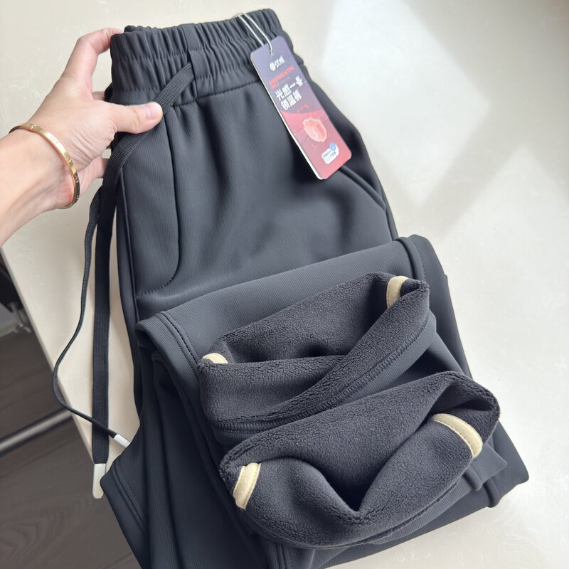Outdoor Warm Fleece Snow Pants, Outdoor Three-Proof Fleece-Lined Men's Elastic Waist Straight-Leg Casual Pants, Couple's Style for Women, Autumn and Winter