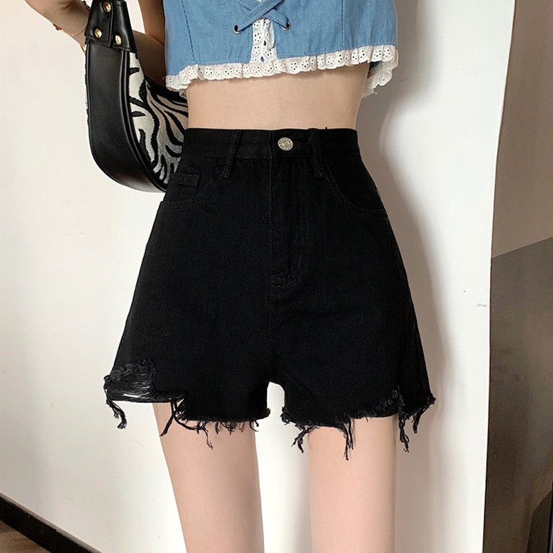 Black jeans, shorts, women's 2023 summer new Korean version with holes, high waist, slimming hot pants, spicy girl wide leg pants