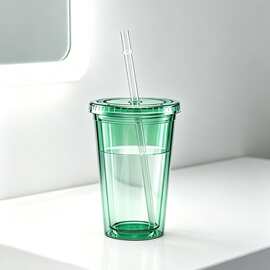 450ml 双层食品接触级塑料吸管水杯健身房运动补水装冰奶茶随身容