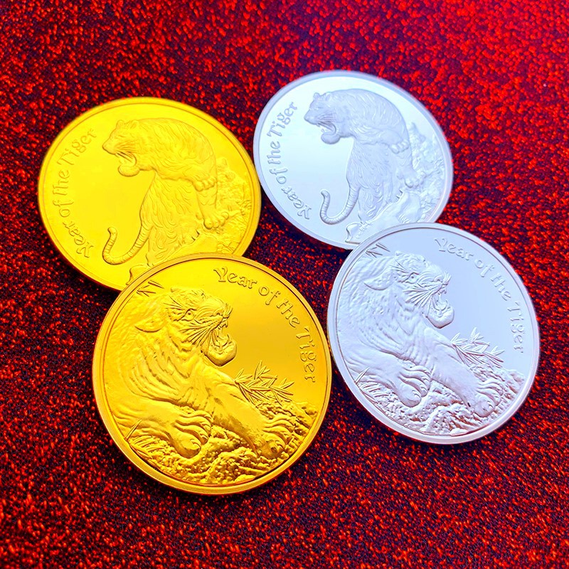 代发十二生肖动物雄狮虎镀金纪念章 创意金币贺岁老虎本命年硬币