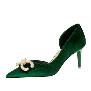 1363-AK79 Banquet Women's Shoes High Heel Suede Shallow Mouth Pointed Side Hollow Water Diamond Buckle Pearl Bow Si