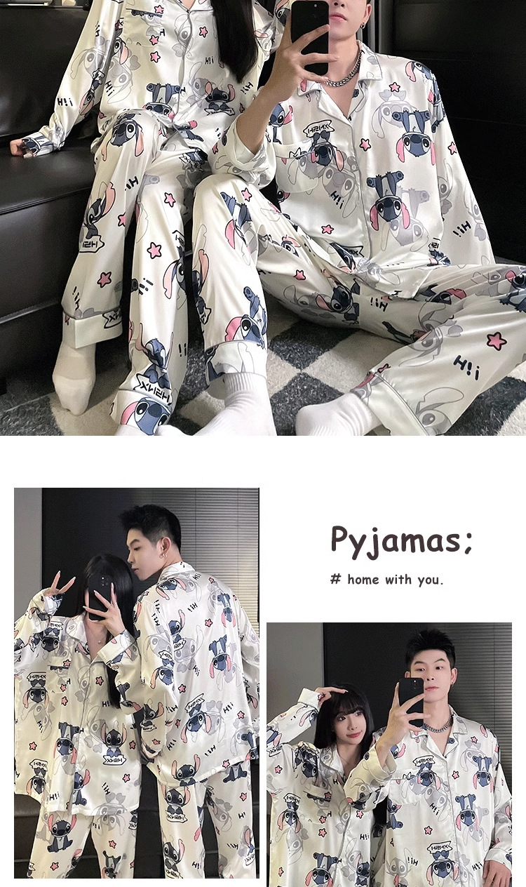 法米姿 情侣睡衣春秋冰丝长袖女薄款高级感款可爱男士夏季家