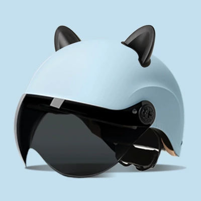 3C certification electric car helmet | Motosiklet kaskı (dəbilqə) - summer-helmet-frosted-blue-summer-helmet-sunscreen-glasses-accessories-rabbit-ears-black-one-size-fits-all