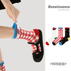 Renaissanceオリジナルレディース靴下春夏柿甘い猫ミドルストッキングレース骨なしコーミングコットン靴下女