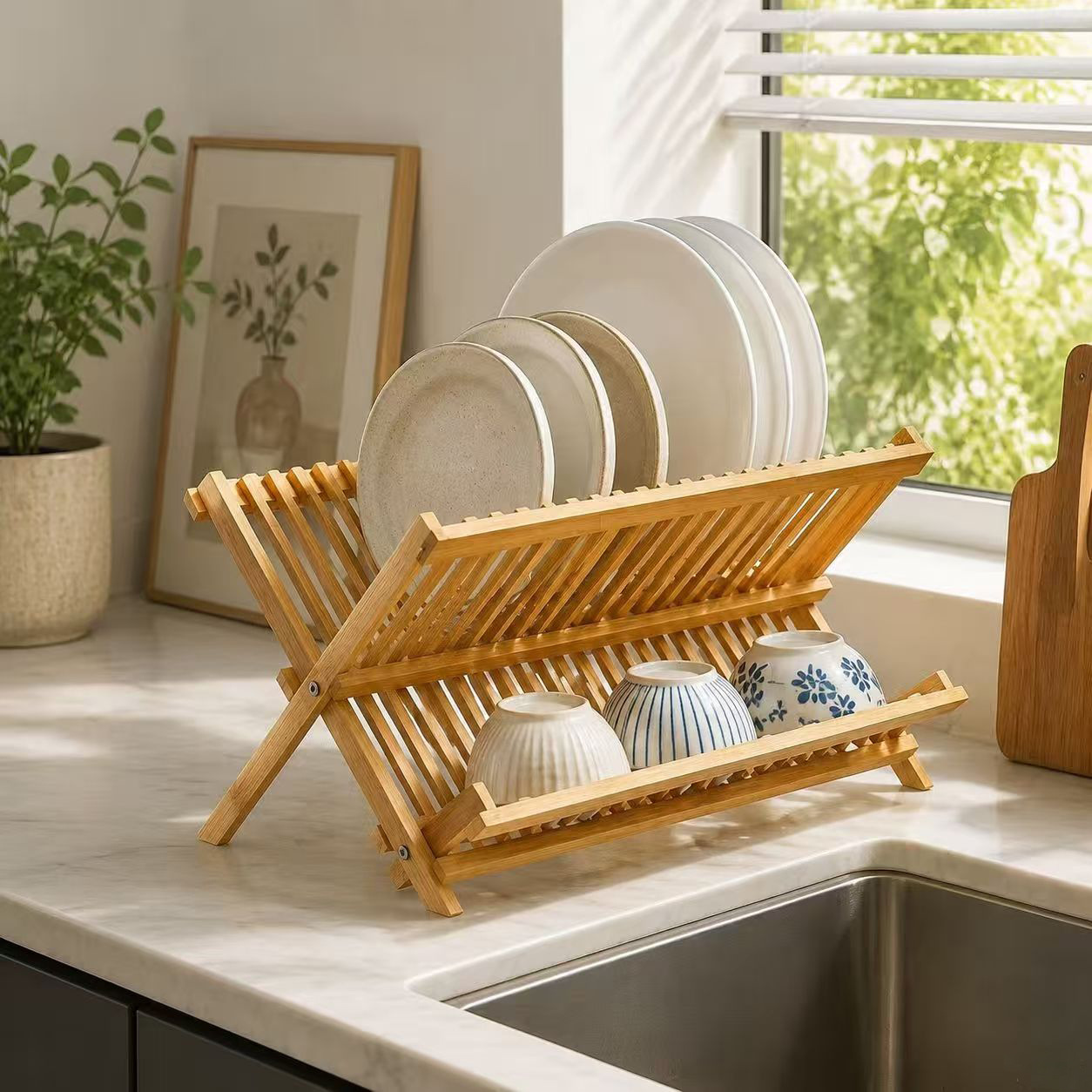 Estante de platos de drenaje doméstico, estante de platos de aire, estante de platos de bambú y madera, estante de almacenamiento de tazas de té, estante de almacenamiento multifuncional de cocina