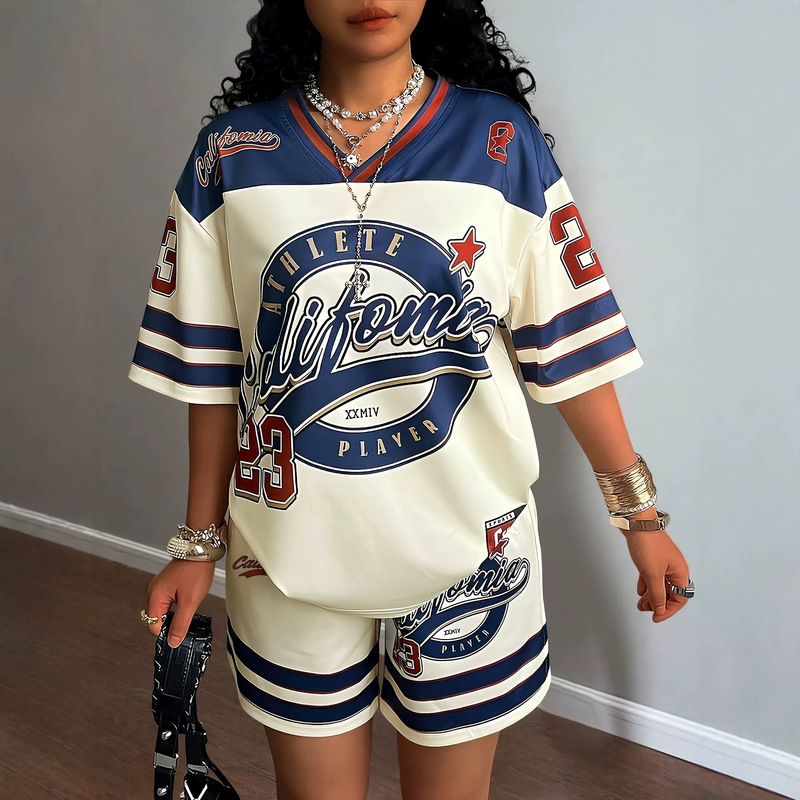 American-style street V-neck jersey and shorts set, American retro jersey, American-style hot girl jersey set, cross-border sourcing