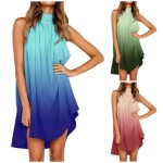 亚马逊欧美夏季女装新款 圆领褶皱露肩渐变印花 无袖背心连衣裙女