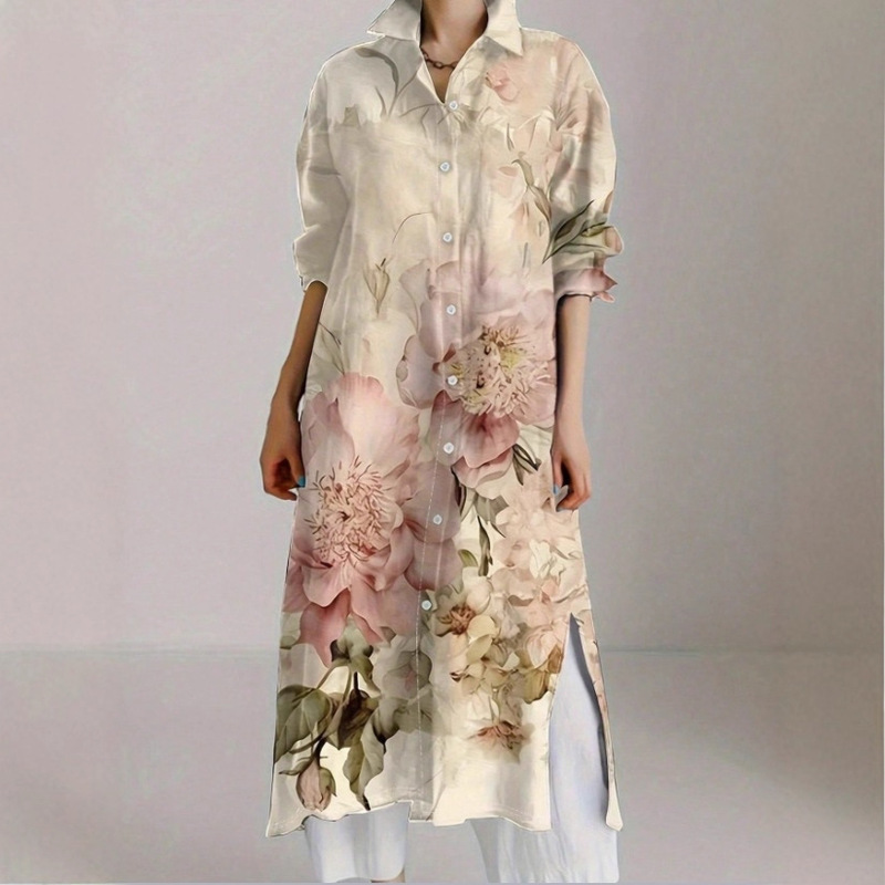 Cross-Border European and American Plus Size Women's Retro Chic Floral Print Long-Sleeved Shirt Dress