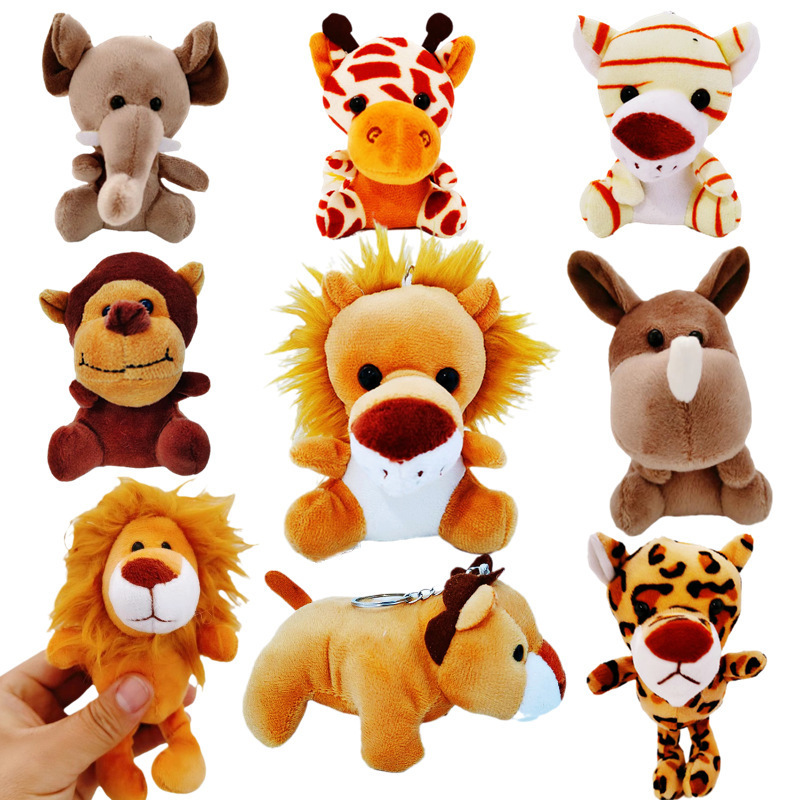Wholesale grab machine doll forest animal cross-border four-inch lion tiger doll plush toy small pendant jewelry