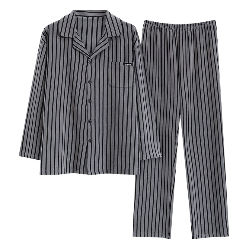 Pijamas de algodón para hombres otoño nuevos pantalones de manga larga Chaqueta de punto solapa traje de hombre casual a rayas simple ropa para el hogar
