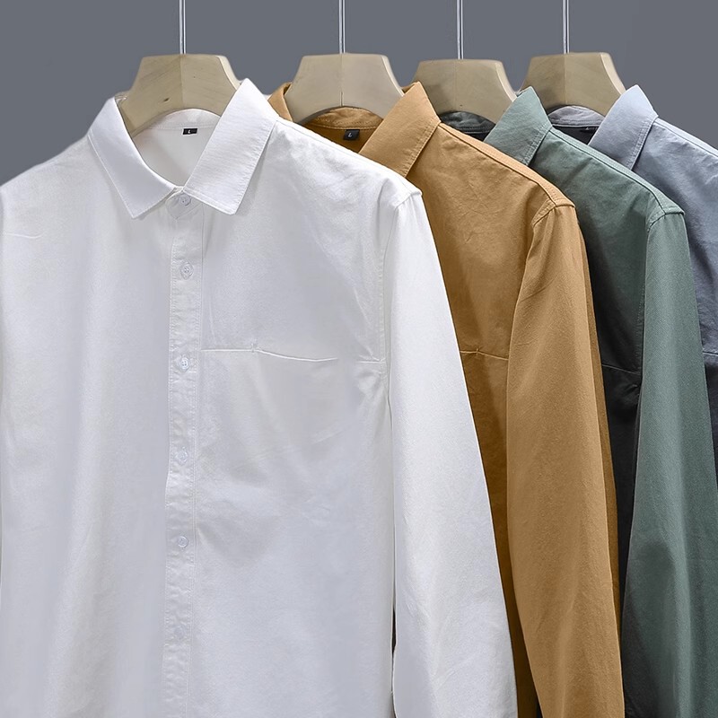 Heavy Weight Cotton American Long-Sleeved Shirt Men's Four-Season High-End Casual Pure Color White Lapel Shirt Top Trendy