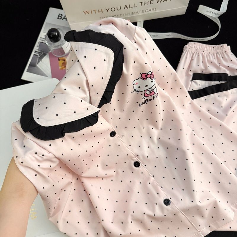冰丝睡衣女春秋季薄款可爱日系卡通波点开衫长袖套装家居服可外穿|undefined