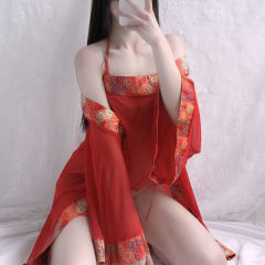 Lingerie, Sexy Nightgown for Women, Ancient Style, Red Bath Robe, Flirty, Full Transparency Sleep Dress, Plus Size 1045