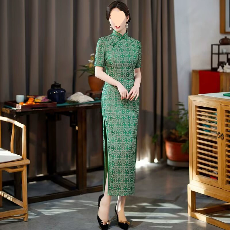 Летнее этно-ретро элегантное платье, длинный чонсам, облегающий, Slim fit