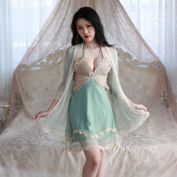 best-seller on douyin butterfly pajamas women‘s lace ribbon chest pad push up luxury french strap pure desire wind nightdress mesh outside