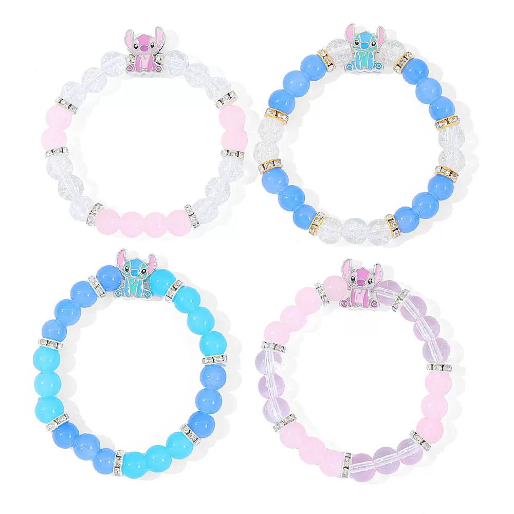 AliExpress亚马逊跨境热销蓝色粉色猫眼串珠史迪仔卡通手串批发