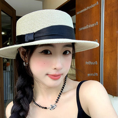 フラットトップ麦わら帽子女性の夏の休暇スタイル海辺のビーチ帽子大きなつば日焼け止めサンハットフレンチシルクハット