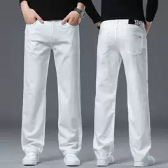 New 2025 Fall Winter White Premium Denim Jeans for Men Loose Fit Casual Streetwear Trousers