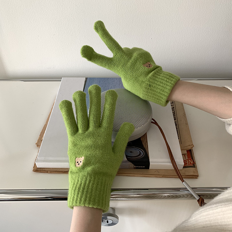 Estudiante a prueba de frío lana de punto a caballo cinco dedos Pantalla táctil de dibujos animados guantes calientes de invierno femenino engrosada linda pareja
