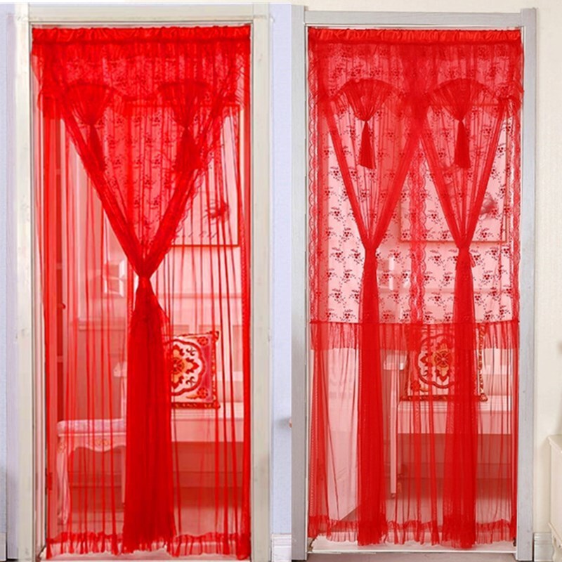 Red Door Curtain for Wedding Home Wedding Room Door Festive Bedroom Punch-Free New Lace Anti-Mosquito Partition Gauze Curtain Dustproof