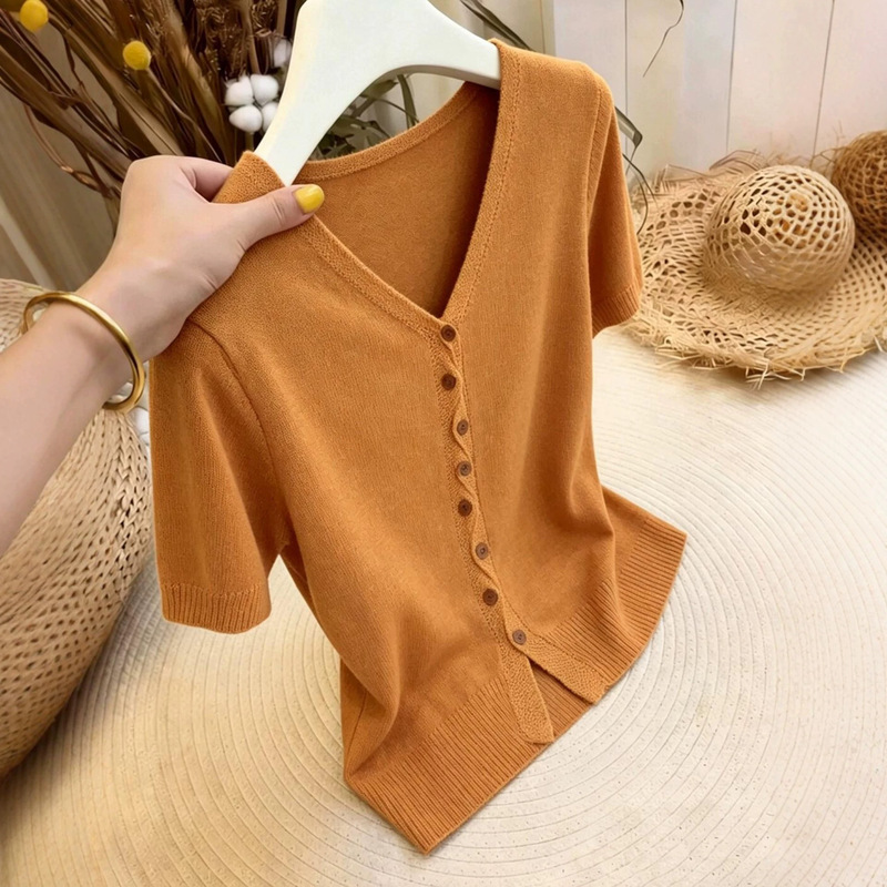 Orange Cardigan V-Neck Short-Sleeve Knit T-Shirt Women's Summer Design Unique Stylish Slim-Fit Top