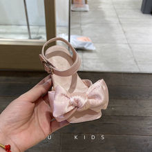 韩国东大门夏季新款女童公主鞋绸缎方头大蝴蝶结魔术贴凉鞋幼儿园
