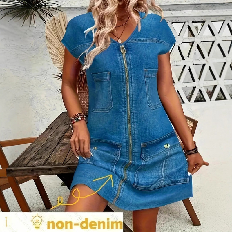 2025 European and American Cross-Border New Women's Dress Milk Silk Fabric Imitation Denim Printed Short-Sleeved Dress 2025 European and American Cross-Border New Women's Dress Milk Silk Fabric Imitation Denim Printed Short-Sleeved Dress