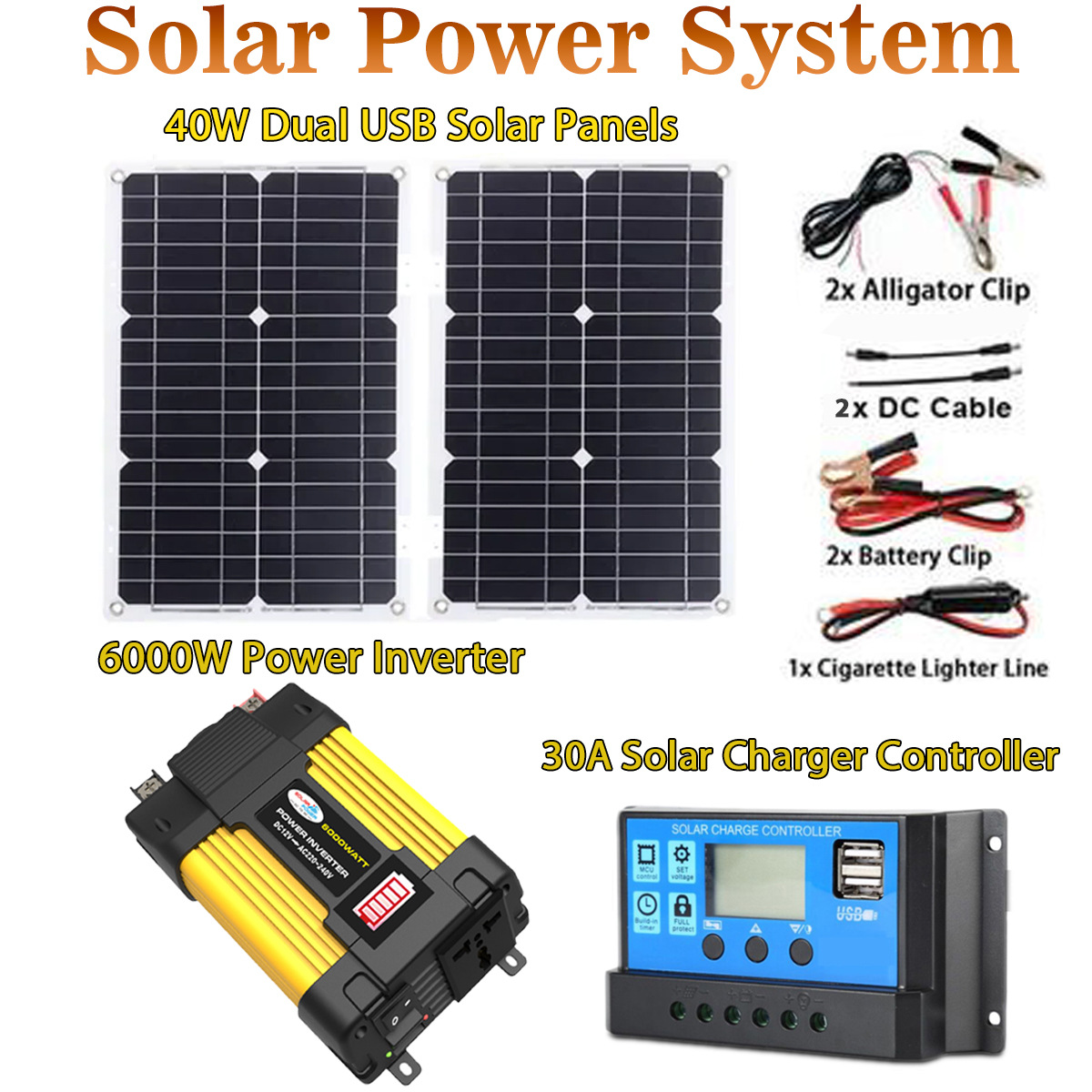 太阳能系统套装组合逆变器12V转220V/110V+40W太阳能板+30A控制器