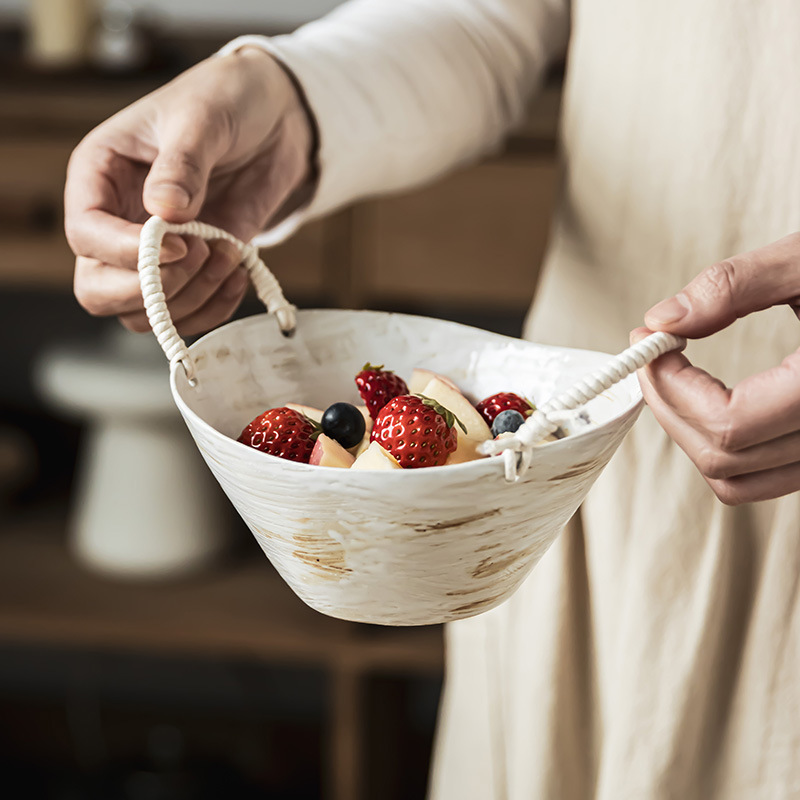 Japanese-style hemp rope stoneware double-ear bowl high-value household bowl fruit salad bowl restaurant old tableware vegetable bowl wholesale