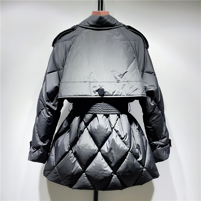 Tweed Style down Jacket Women's Mid-Length 2024 Winter New Style Windbreaker Style Waist-Cinching Quilted Lightweight Black Jacket