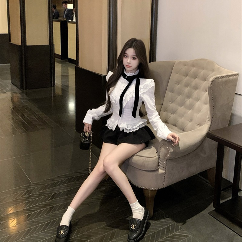 昕可达 罗马假日 法式千金蝴蝶结长袖蕾丝衬衫丝绒半裙两件套装|undefined