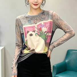 【双层网纱】 中年女士夏印花T恤宽松大码上衣显瘦减龄防晒罩T恤