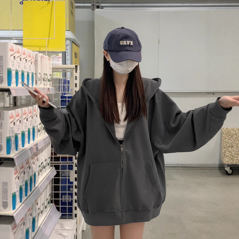 深灰色连帽拉链卫衣女秋冬加绒加厚2025新款爆款宽松外套长袖上衣|undefined
