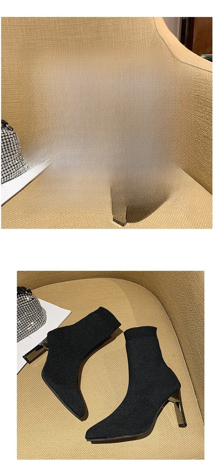 Špicaté ponožky Čižmy Dámske hrubé podpätky 2023 Jarná novinka Vysoké podpätky strečové čižmy s plochým podpätkom Vlnené čižmy Móda Krátke čižmy_voghion.com