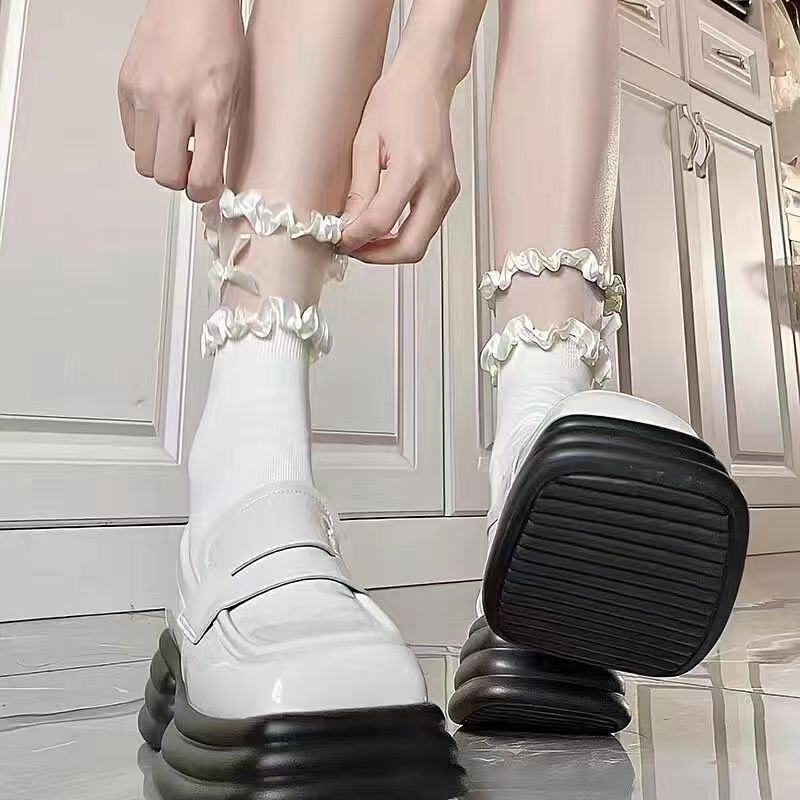 Japanese style cute white lace socks children's summer bow pile socks mid-tube Lolita breathable stockings