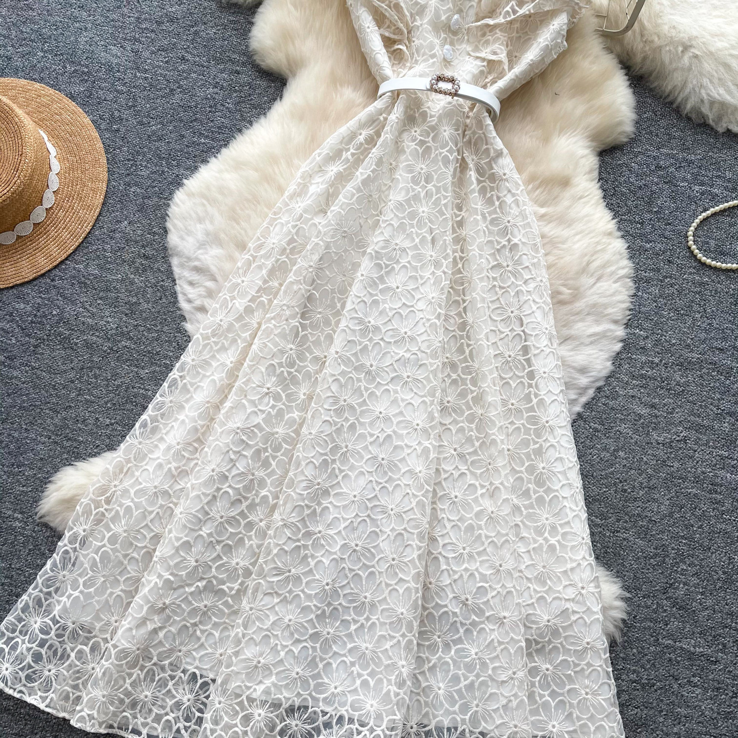 Elegant Lace A-Line Sundress For Women, High Waist Sleeveless Summer Maxi Dress_ecoleips.com
