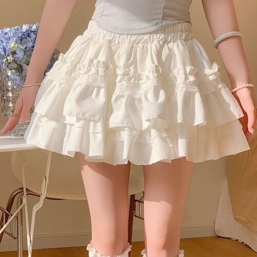 White lace cake-puff skirt for women, sweet half-body skirt A-line skirt, high-waisted, slimming, prevents exposure, ballet style short skirt