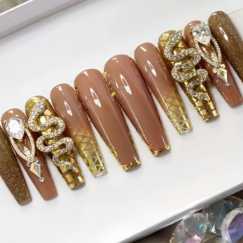 Long Ballet Sweet Cool Ins Style Wearable Nails Snake-Shaped Diamond Manicure Pieces Fake Nails Finished Products Wholesale Nails