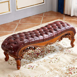 欧式床尾凳换鞋凳美式沙发凳脚踏全实木做旧雕花穿鞋凳长凳软包床