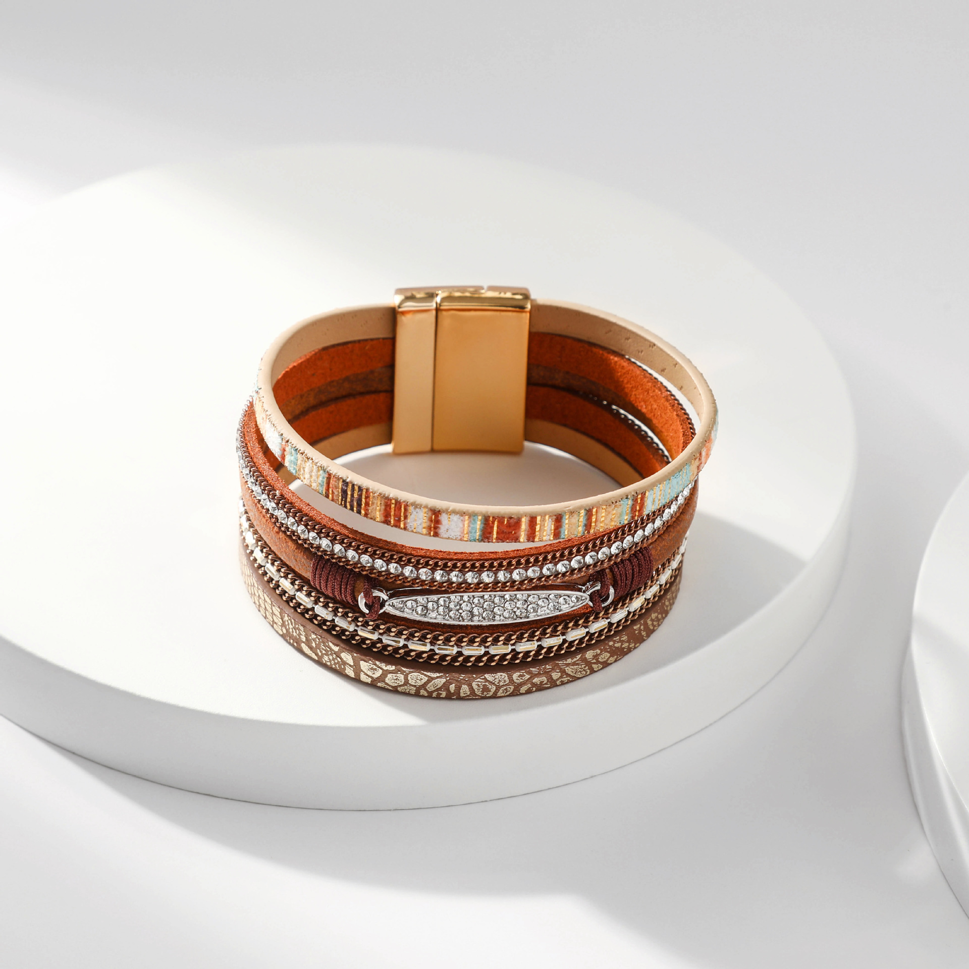 Fashion Round Pu Leather Inlay Rhinestones Womenu0027S Bangle 1 Piece