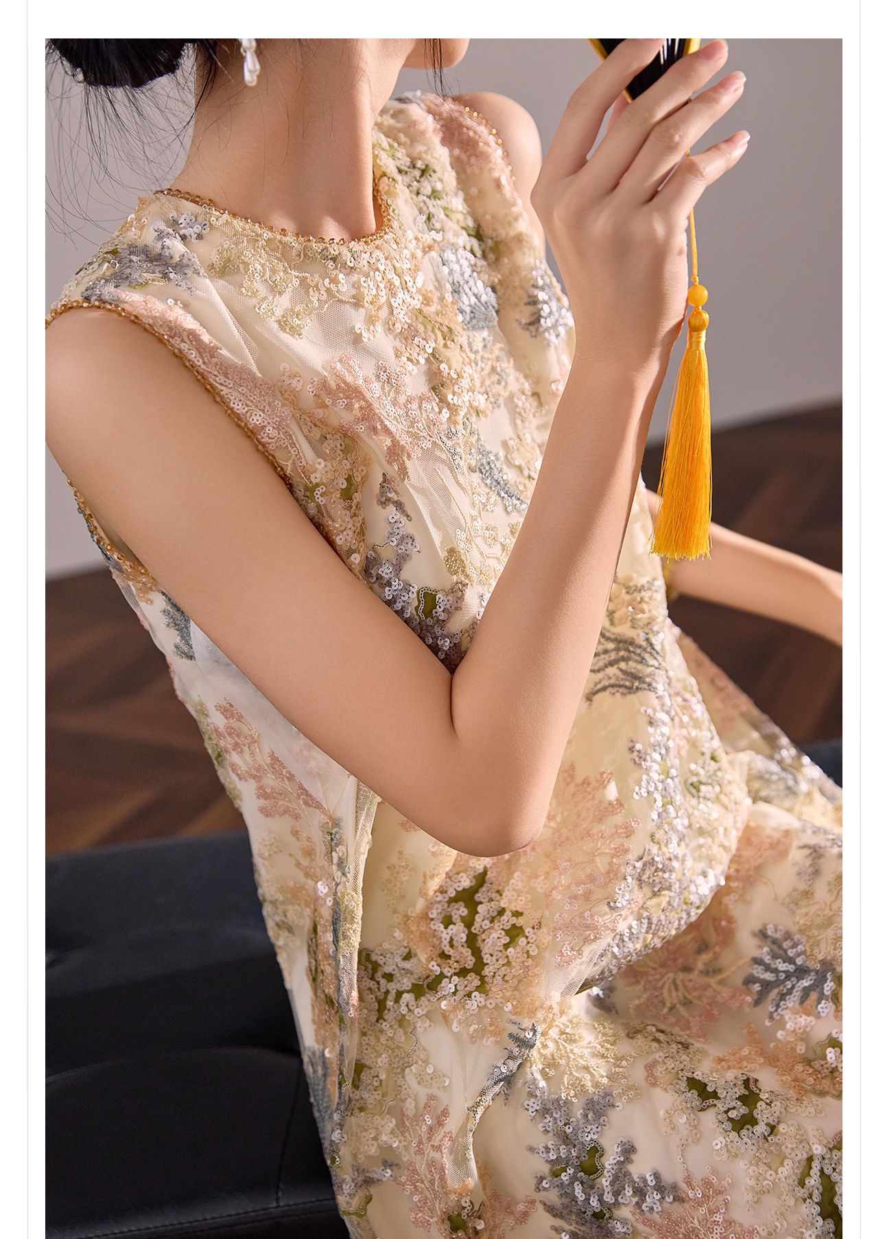 Đầm suông nữ midi tân cổ điển không tay, thêu đính cườm sequin, form chữ A — màu mơ chi tiết 2