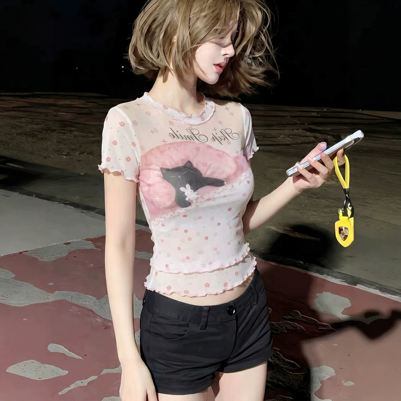 In-stock at the factory: Pillow cat print floral mesh short-sleeve t-shirt for women, summer hot girl style with unique ruffled edges