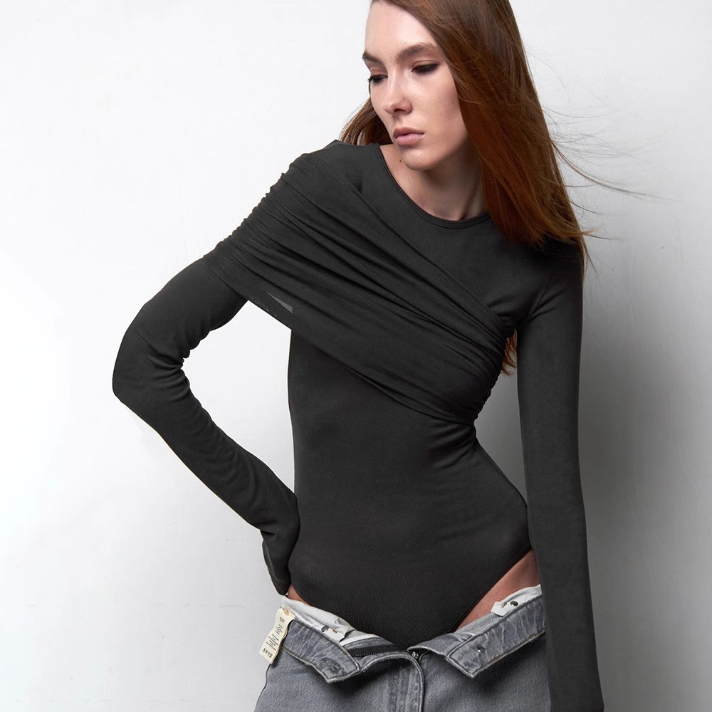 Spring solid sexy bodysuit with a round collar