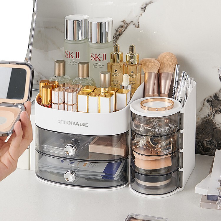 Cosmetics Household Storage Box with Rotating Compartments, Drawer-Style, Trendy Desktop Dressing Table, Skincare Product Layered Storage Rack