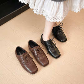 2025秋季新款英伦风系带乐福鞋女布洛克百搭时尚小皮鞋女