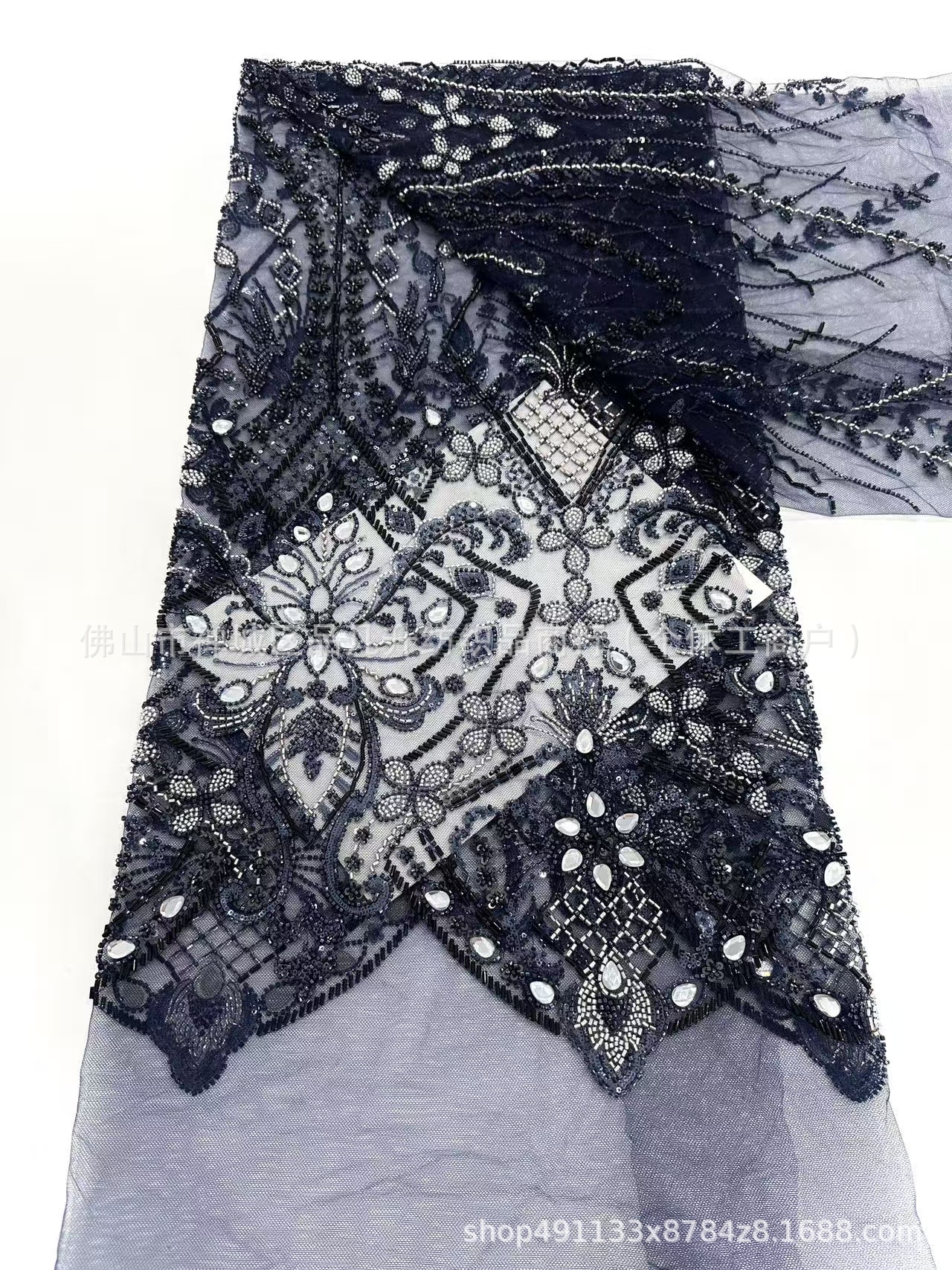 Posicionamiento de alta caliente hecho a mano DIY gran flor de diamante sequin tela de encaje vestido de banquete europeo y americano cheongsam tela al por mayor